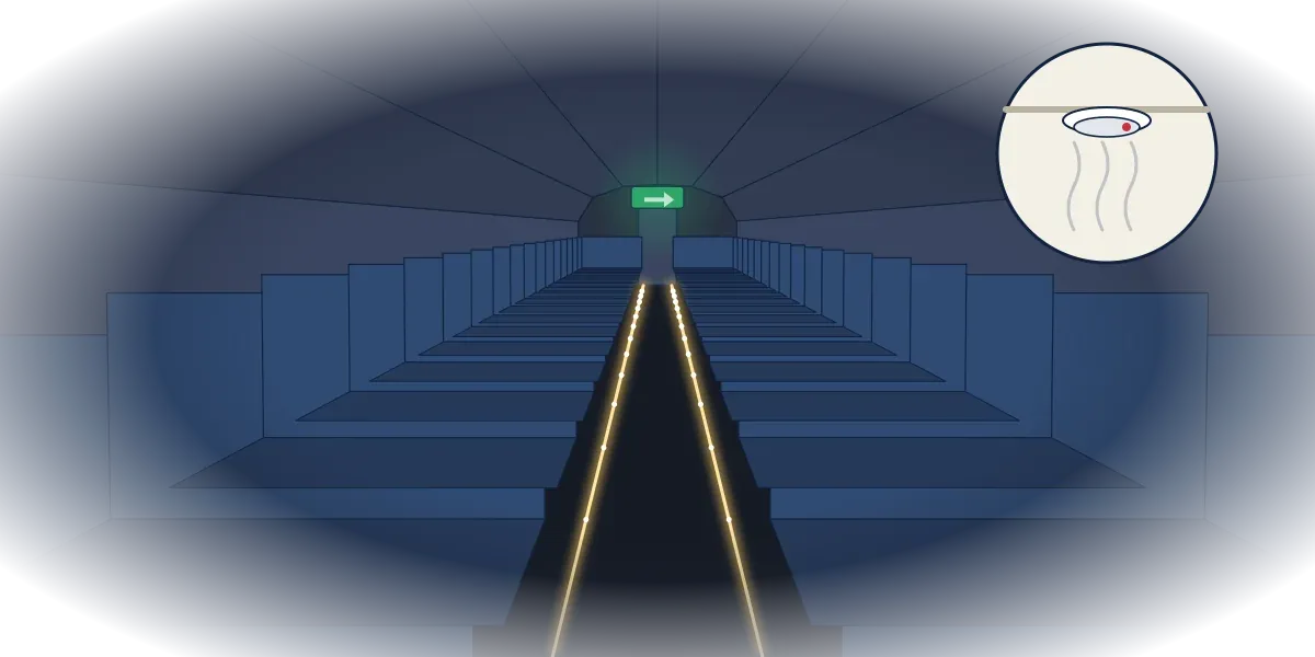 A dark, smoke-filled cabin with two rows of floor lights leading to a green exit sign, and an inset of a ceiling smoke detector