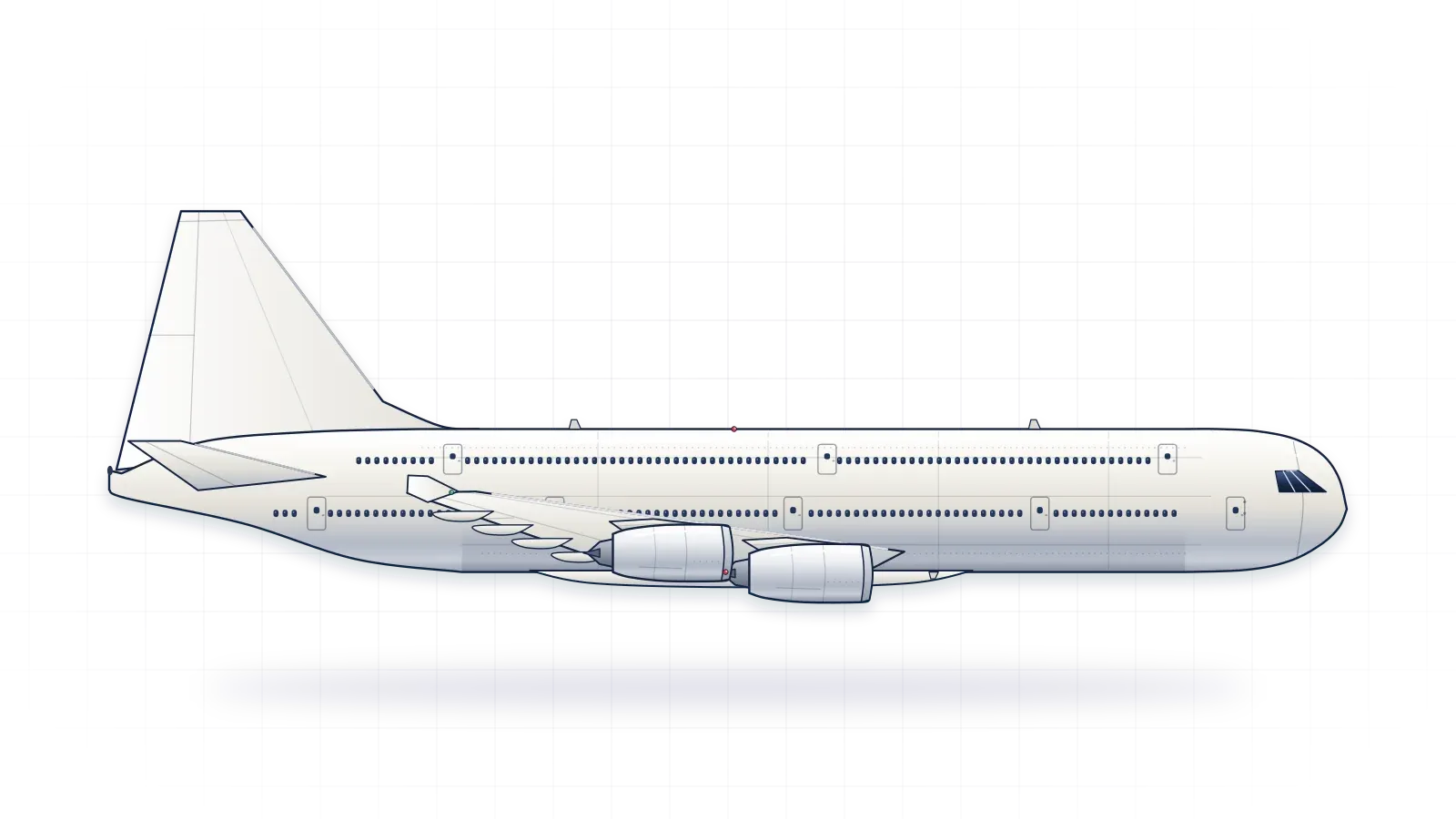 Airbus A380 drawn as a collector's print: double-deck airliner with four turbofans, in a plain finish with no markings