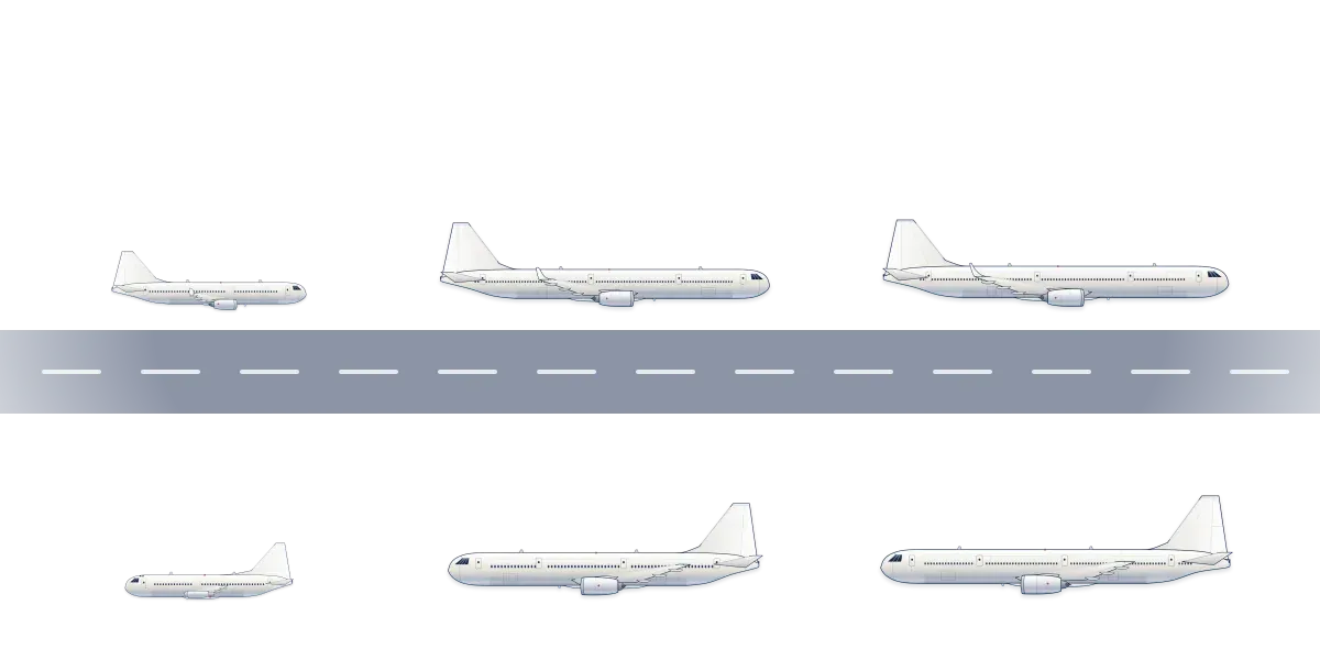 Two lineups of three airliners, small, medium and large, face each other across a runway
