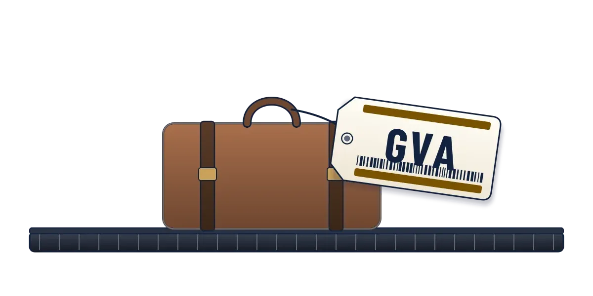 A brown suitcase on a baggage belt with a tag reading GVA above a barcode