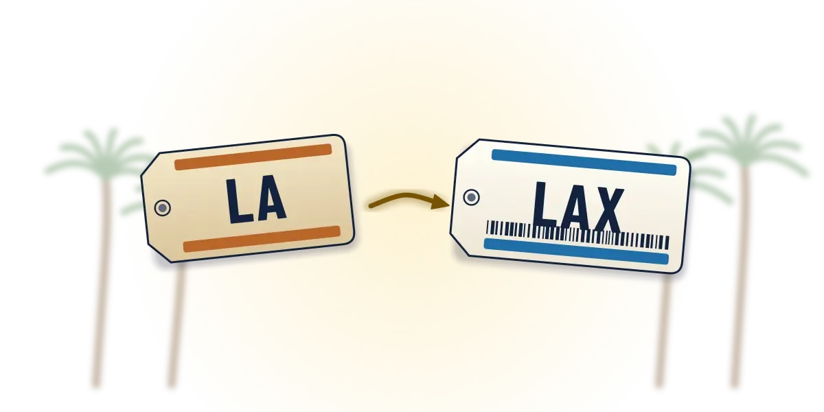 Two baggage tags between palm trees: an older one reading LA and a newer one reading LAX, joined by an arrow