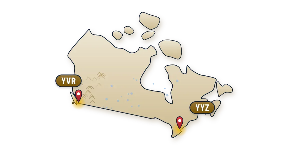 An outline map of Canada with pins at Vancouver, labeled YVR, and Toronto, labeled YYZ