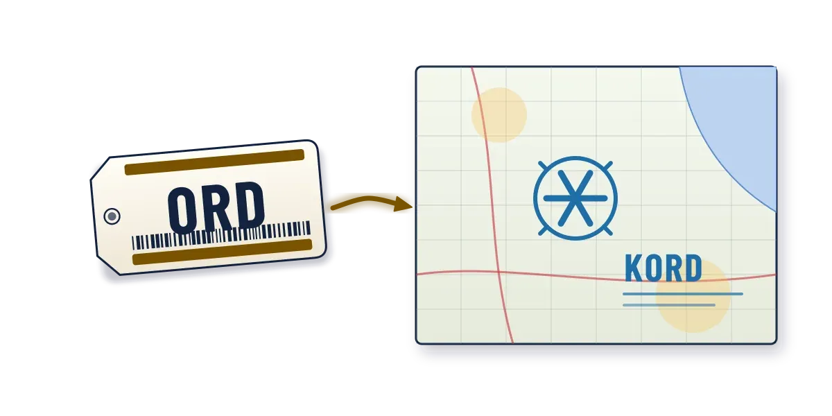 A baggage tag reading ORD beside an aviation chart showing an airport symbol labeled KORD