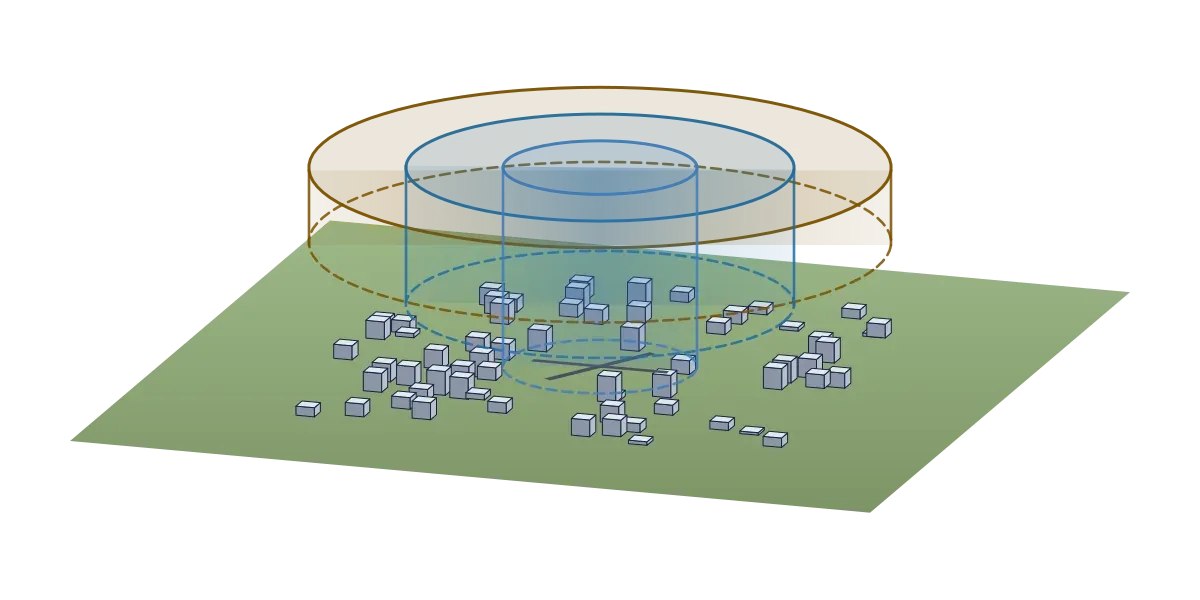 A translucent upside-down wedding cake of airspace layers stacked over a city, widening with height