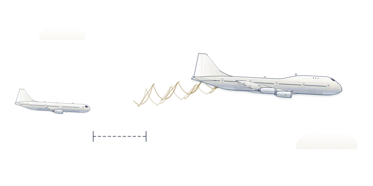 A small airliner following well behind a large four-engine jet, with spiraling wake vortices trailing from the big jet's wingtips and a dashed line marking the gap