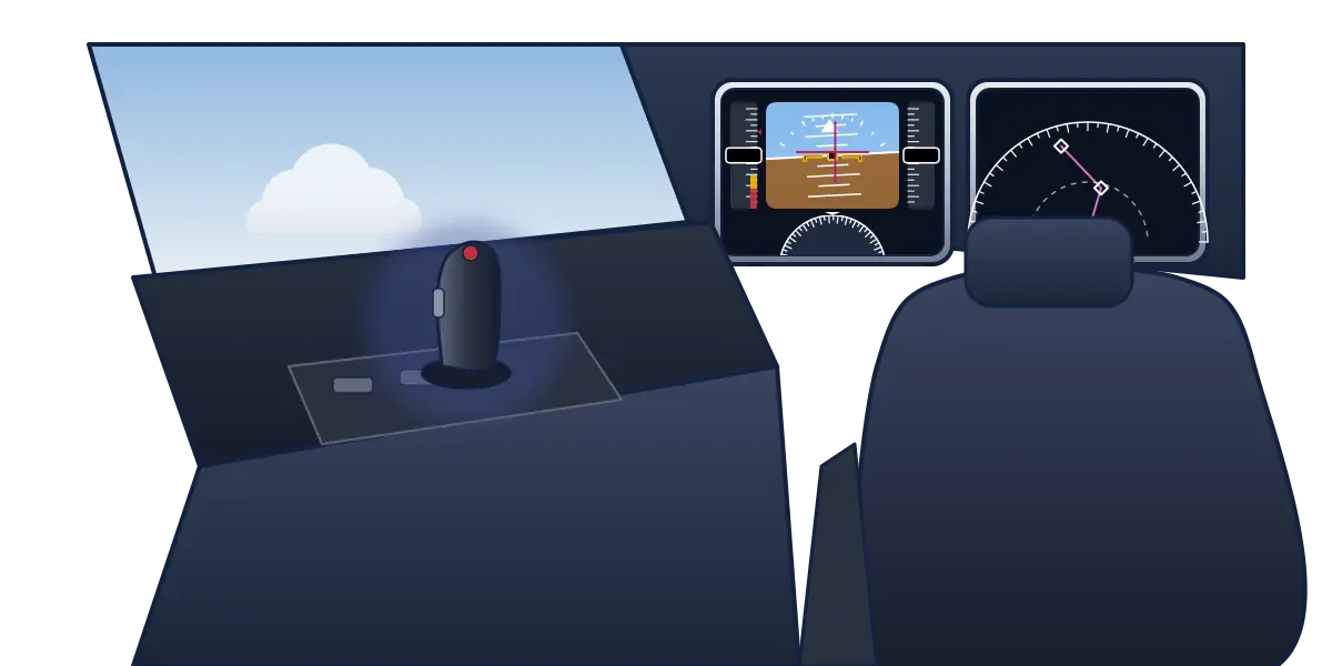 A cockpit seen from the pilot's seat with a sidestick controller on the left, a primary flight display and a navigation display on the panel
