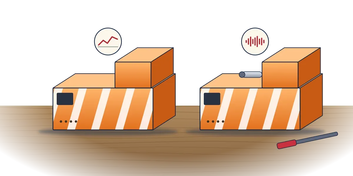Two bright orange flight recorders with white stripes on a bench, one marked with a graph for flight data and the other with a sound wave for cockpit audio
