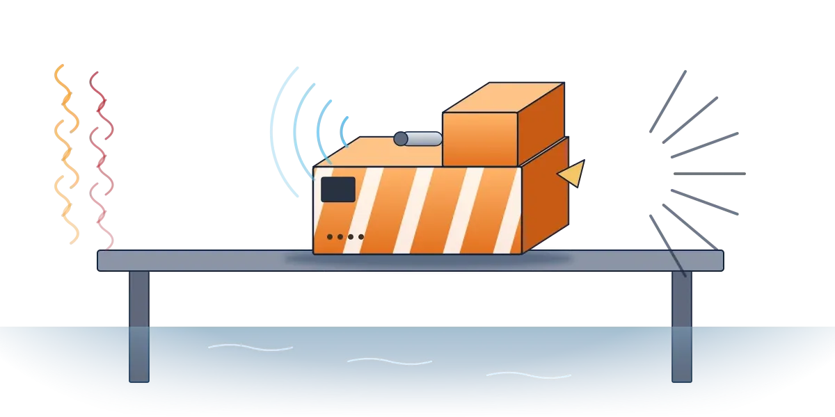 A bright orange flight recorder on a steel test stand over water, with heat waves on one side, impact lines on the other and sonar rings from its beacon