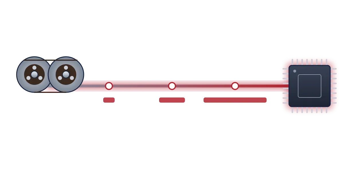 A reel of magnetic tape wired to a memory chip, with three red bars growing longer to show recording times of 30 minutes, 2 hours and 25 hours