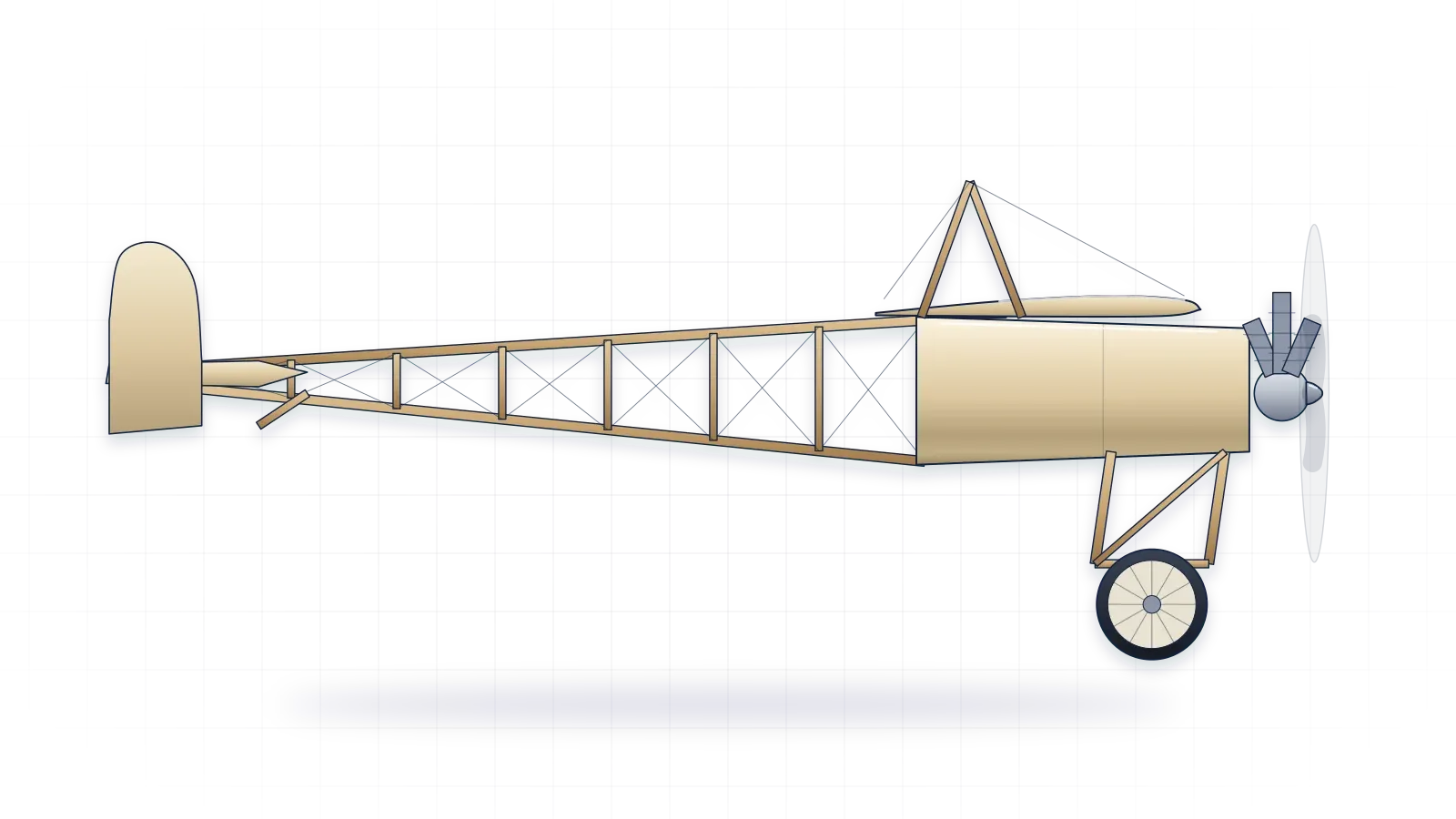 Blériot XI drawn as a collector's print: early monoplane with one three-cylinder engine, in a plain finish with no markings