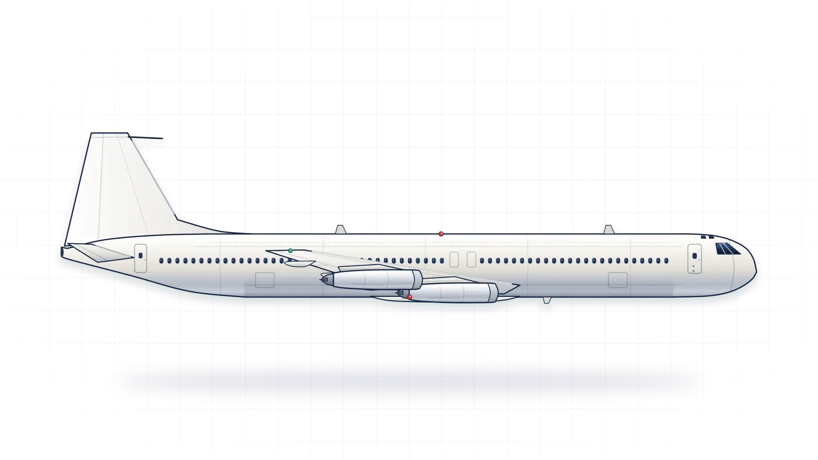 Boeing 707 drawn as a collector's print: jet airliner with four turbojets, in a plain finish with no markings