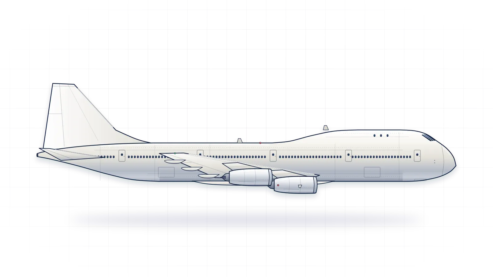 Boeing 747 drawn as a collector's print: widebody airliner with four turbofans, in a plain finish with no markings
