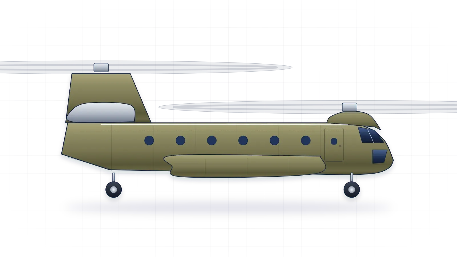 Boeing CH-47 Chinook drawn as a collector's print: heavy-lift helicopter with two turboshafts, in a plain finish with no markings
