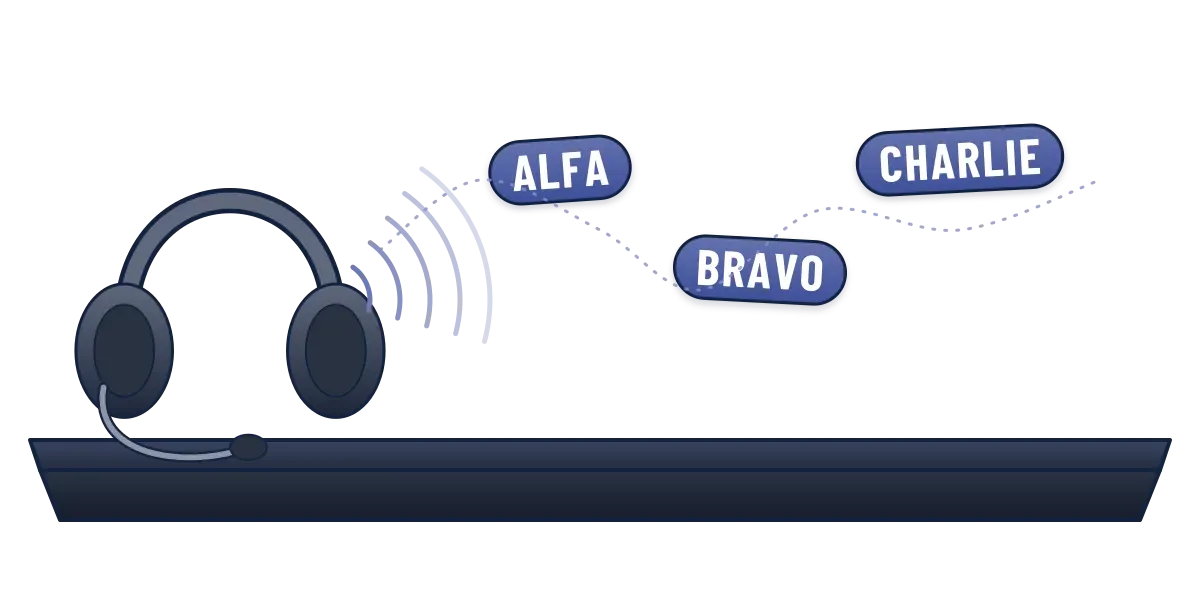 A controller's headset with the words Alfa, Bravo and Charlie floating out of it along a dotted radio wave