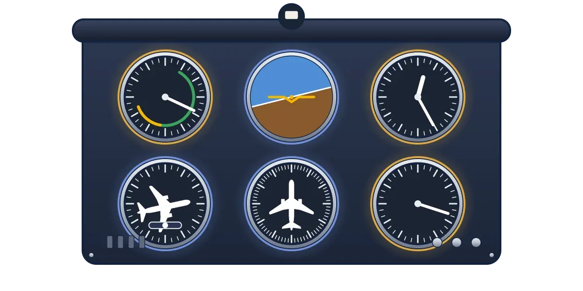 A dark cockpit panel with six round instruments in two rows, including an attitude indicator showing blue sky above brown ground