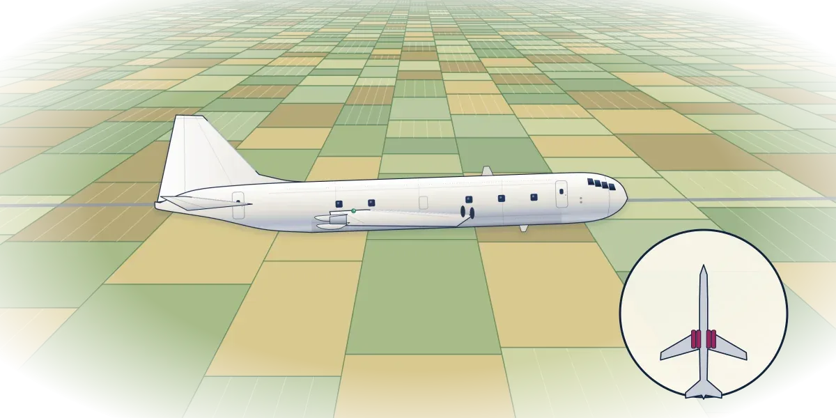 A de Havilland Comet with square cabin windows and four engines buried in its wing roots flying over a patchwork of fields, with an inset top view of the engine placement