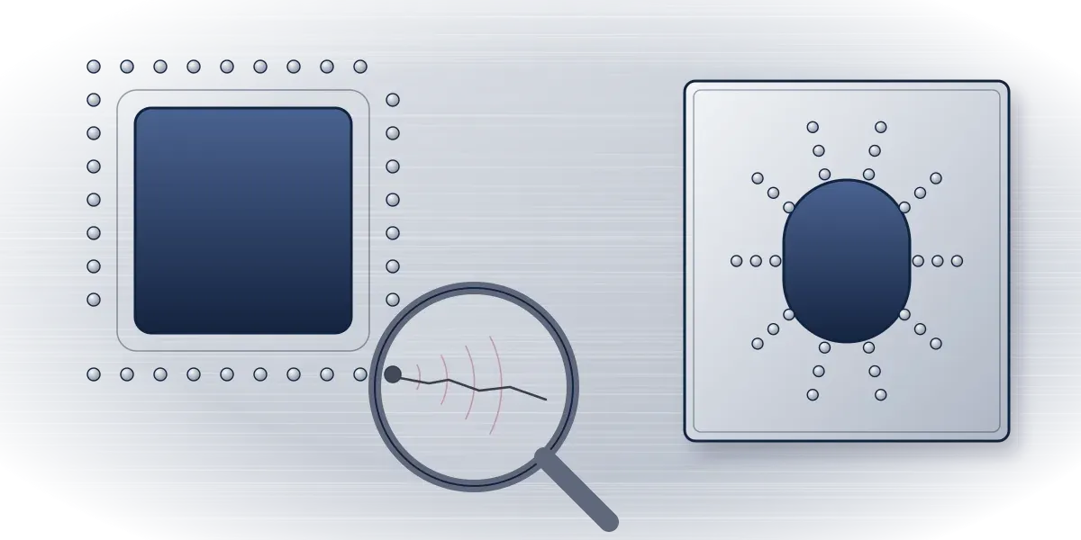 A square window cutout with a magnified crack running from a rivet hole, beside an oval window cutout set in a reinforced panel