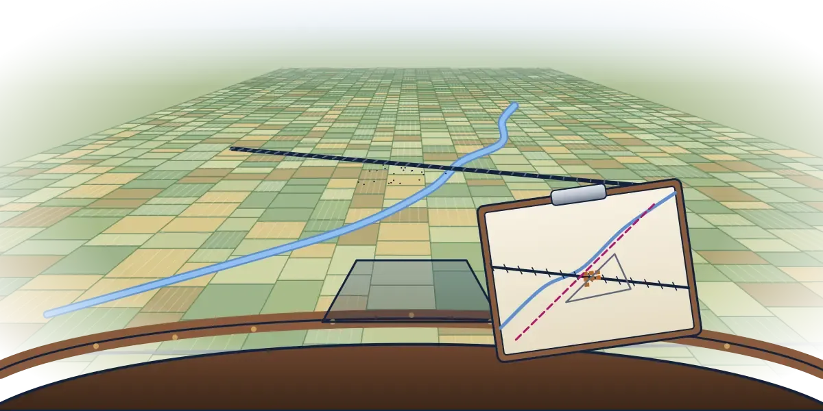 A view over an airplane's nose across patchwork fields crossed by a river and a railroad, with a clipboard map showing the same features and a dashed course line