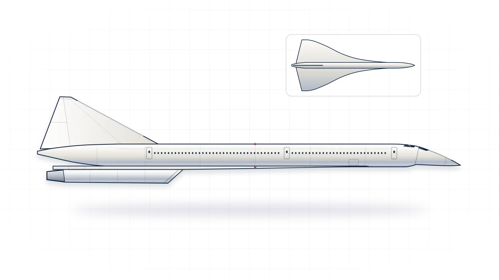 Concorde drawn as a collector's print: supersonic airliner with four turbojets, in a plain finish with no markings