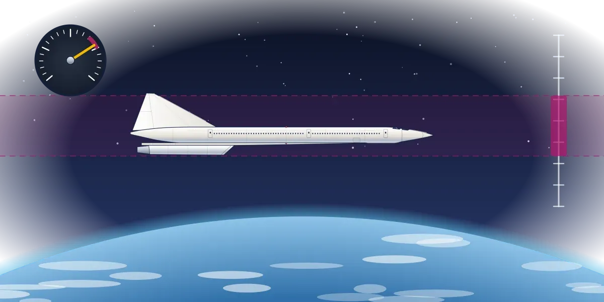 Concorde cruising high above the curved Earth, with a speed gauge in the red and a band marking its altitude on a scale