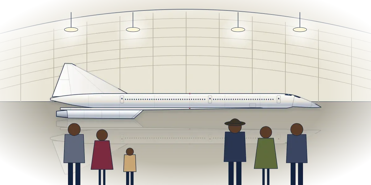 A retired Concorde on display in a museum hall, with a family and other visitors looking up at it