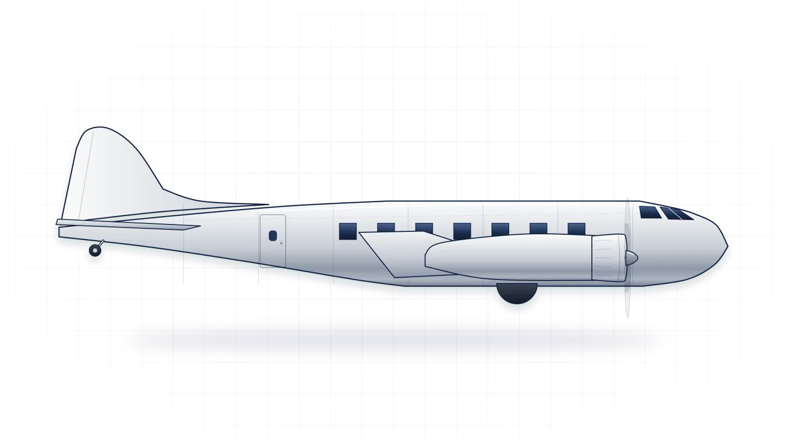 Douglas DC-3 drawn as a collector's print: propeller airliner with two radial engines, in a plain finish with no markings
