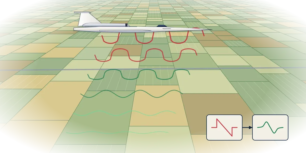 The long-nosed X-59 flying over farmland, with sharp red shock waves softening into gentle green ripples before they reach the ground