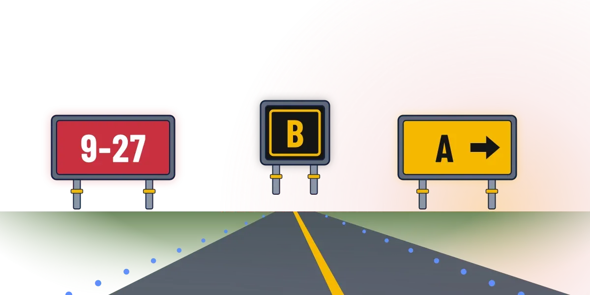 Three airport signs beside a taxiway: a red sign reading 9-27, a black sign with a yellow B, and a yellow sign reading A with an arrow