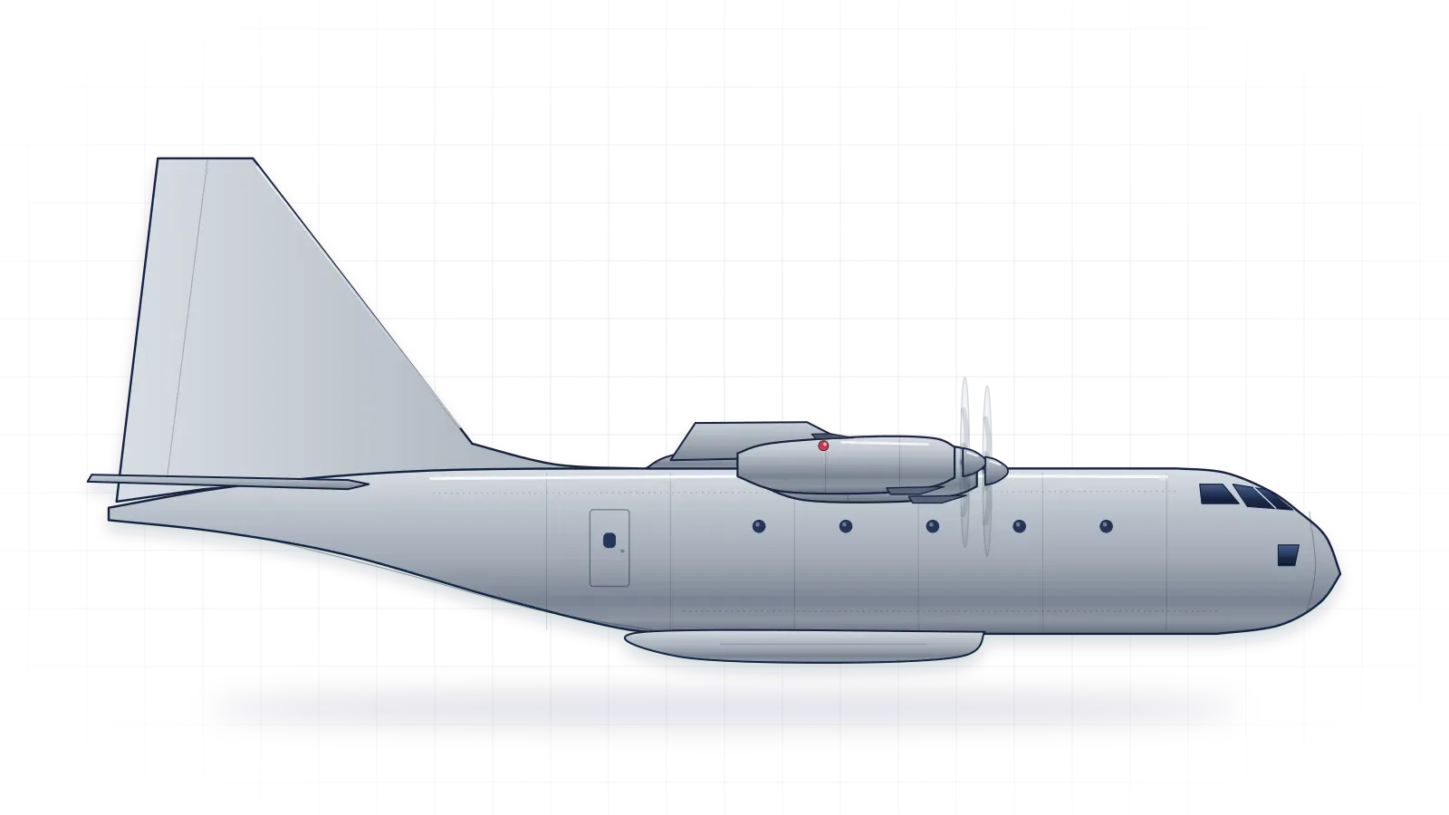 Lockheed C-130 Hercules drawn as a collector's print: military transport with four turboprops, in a plain finish with no markings