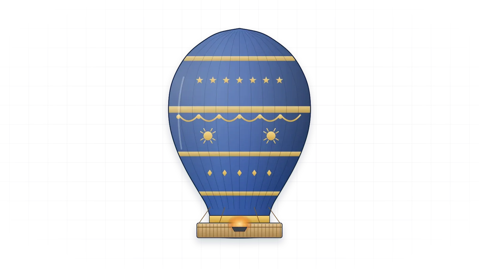 Montgolfier Balloon drawn as a collector's print: hot air balloon with hot air from a fire, in a plain finish with no markings