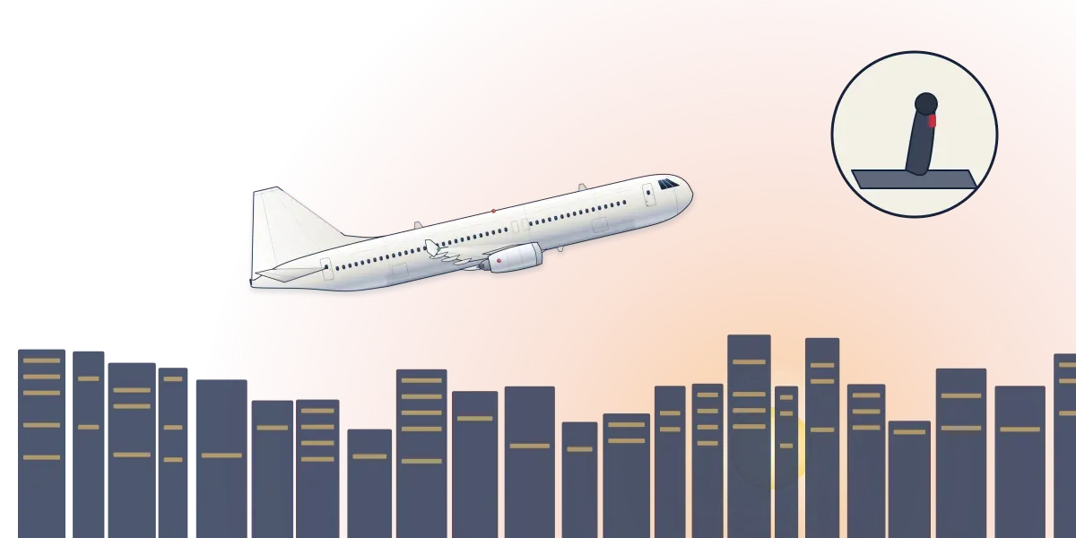 An A320 climbing away over a city skyline at dawn, with an inset circle showing its sidestick controller
