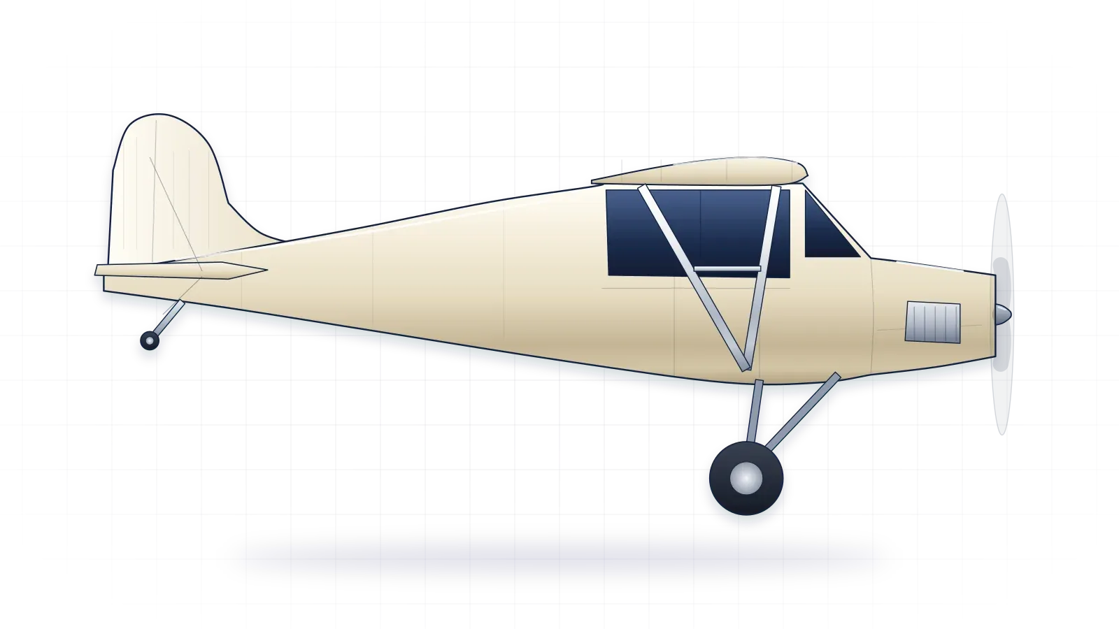 Piper J-3 Cub drawn as a collector's print: light aircraft with one piston engine, in a plain finish with no markings