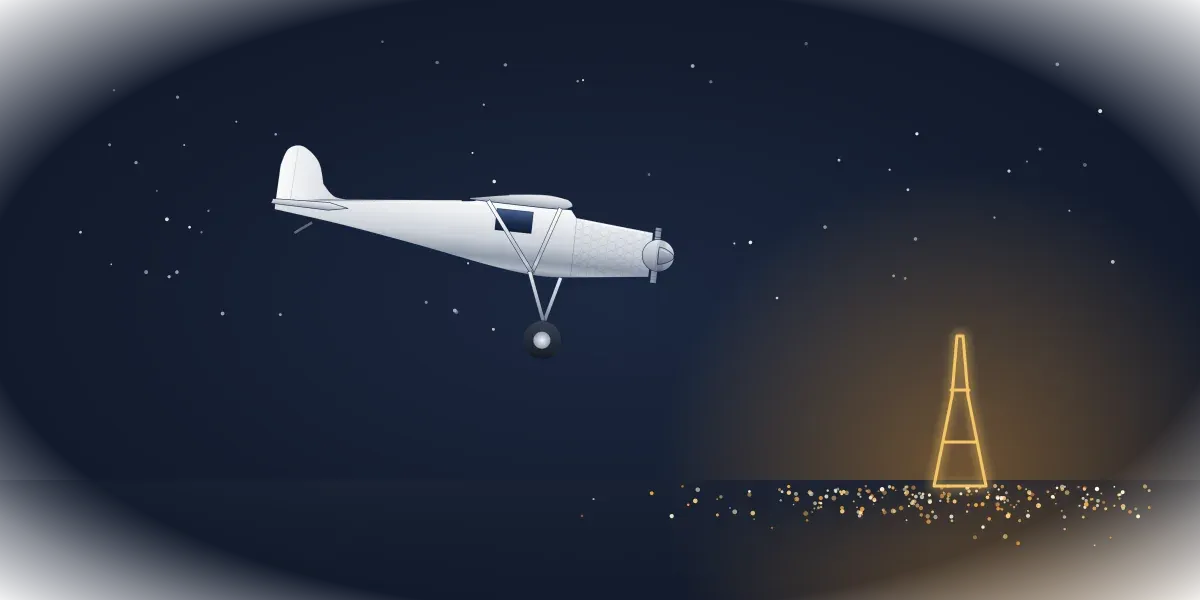 A small silver high-wing monoplane flying through a starry night sky toward the glowing outline of the Eiffel Tower and the lights of Paris