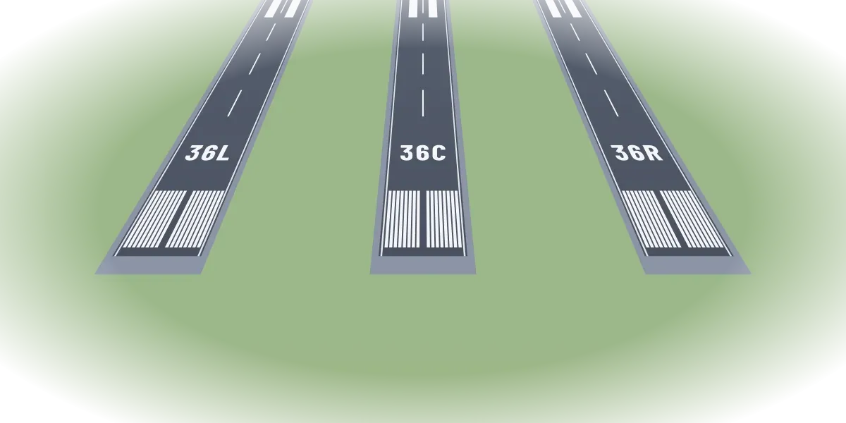 Three parallel runways labeled 36L, 36C and 36R, seen from the approach end