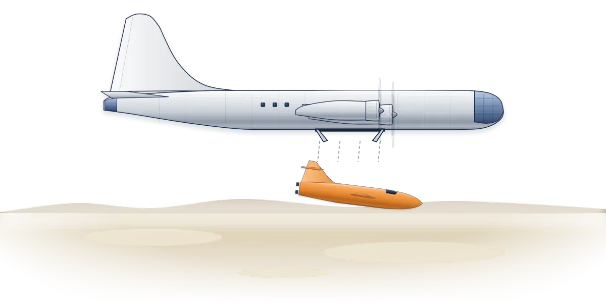 A silver B-29 bomber releasing the orange Bell X-1 rocket plane from its belly over the desert