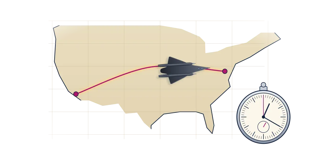 A map of the United States with an SR-71 tracing a route from Los Angeles to Washington beside a stopwatch