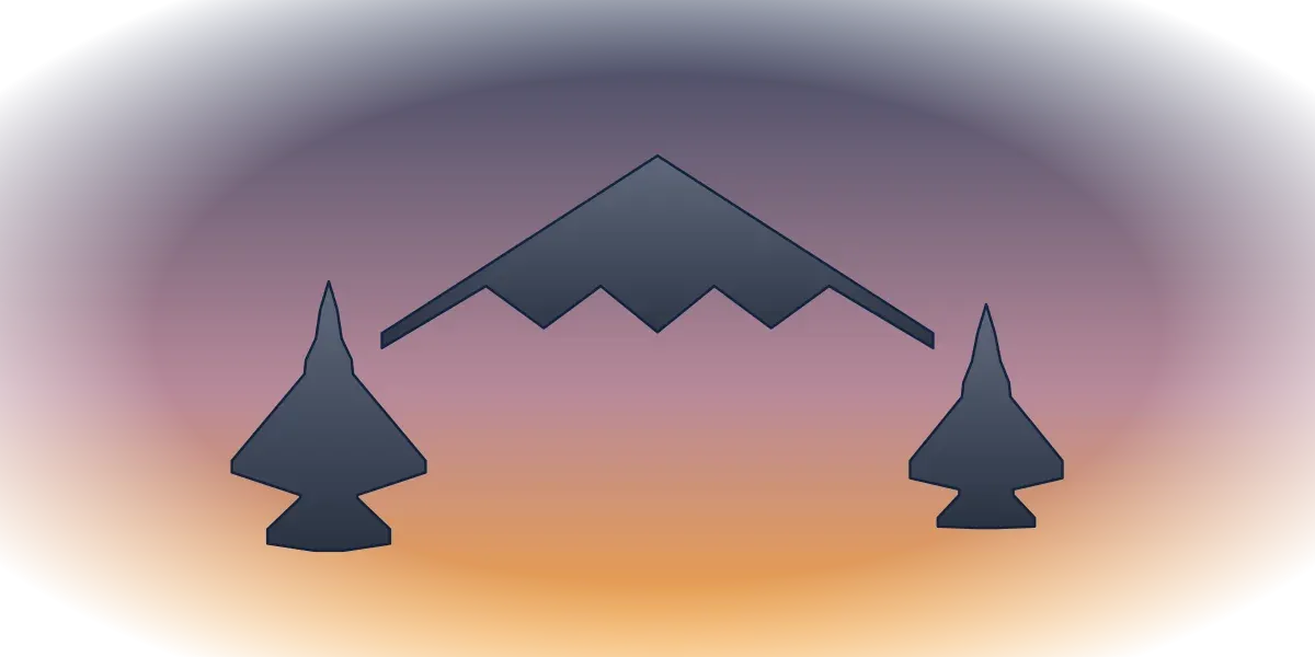 Silhouettes of a B-2 flying wing between two stealth fighters against a sunset sky