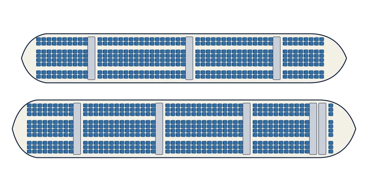 Two seat maps of the A380's upper and lower decks, each packed with rows of economy seats