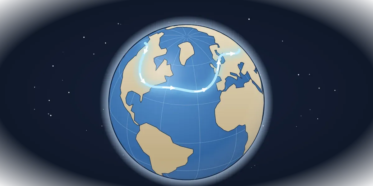 A globe seen from space with a glowing jet stream curving east across North America and the Atlantic toward Europe
