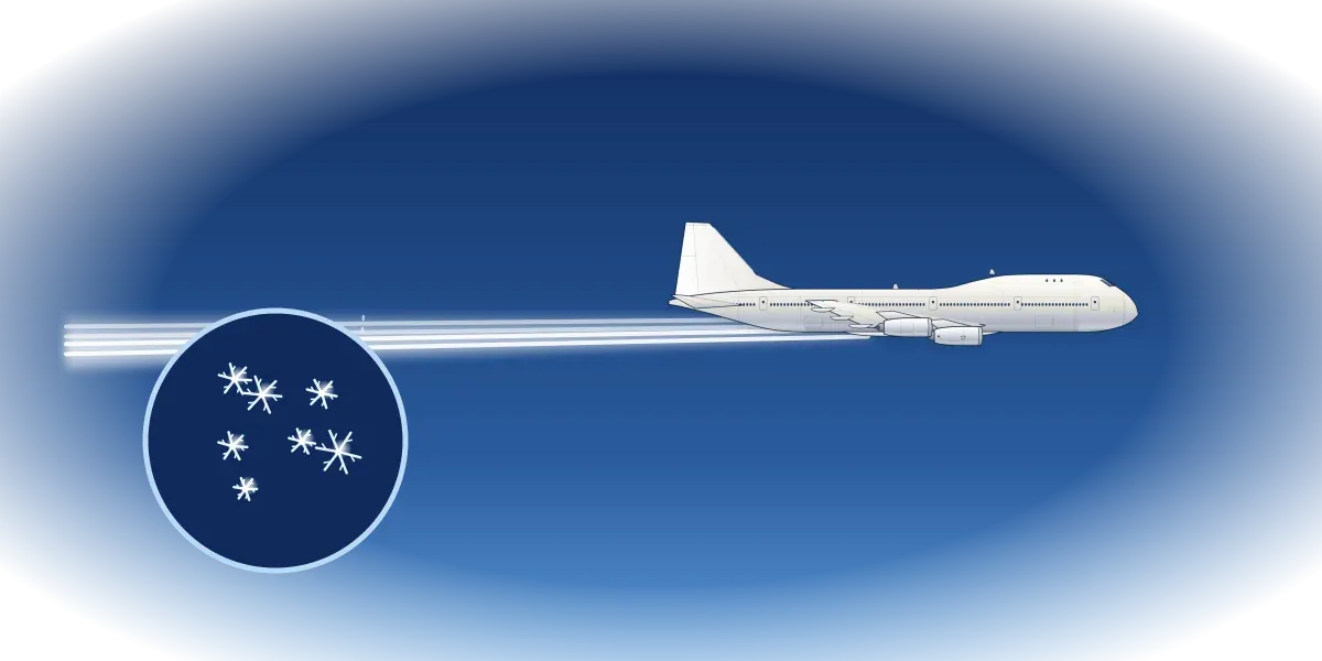 A four-engine jet in a deep blue sky trailing four white contrails, with a magnified circle showing the trails are made of ice crystals