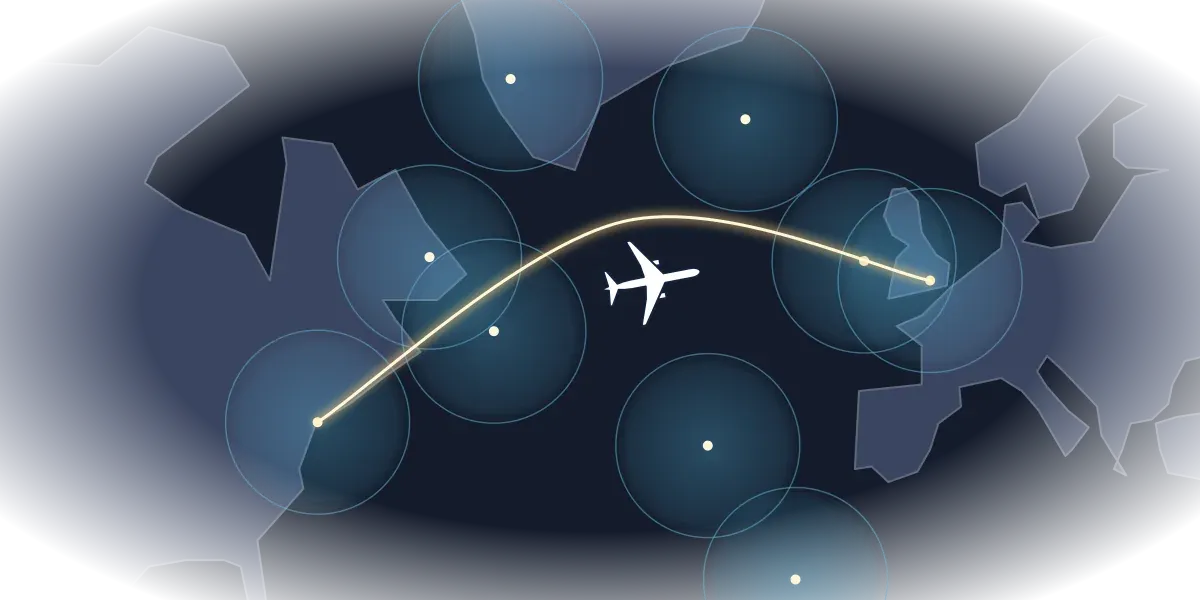 A map of the North Atlantic with an airliner following a curved track between circles drawn around airports along the way
