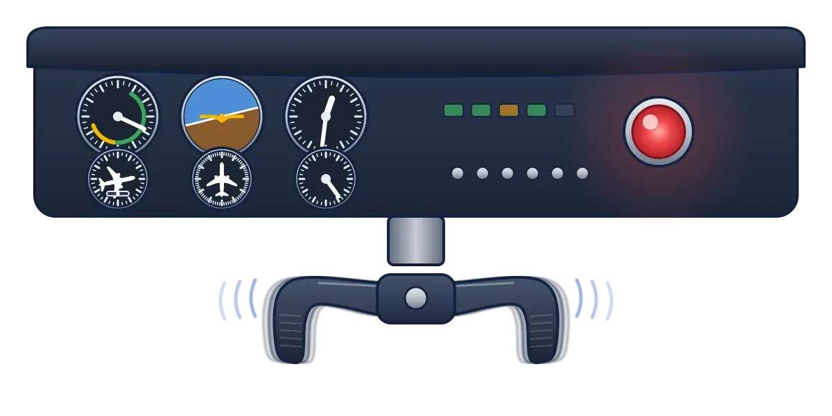 A cockpit instrument panel with six round dials, a row of indicator lights, a glowing red warning light and a control yoke drawn with vibration lines