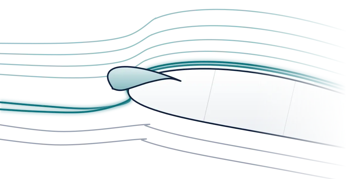 A leading-edge slat extended ahead of a wing section, with streamlines flowing through the slot and hugging the top of the wing