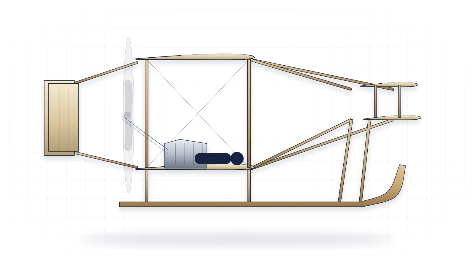 1903 Wright Flyer drawn as a collector's print: experimental airplane with one piston engine, in a plain finish with no markings